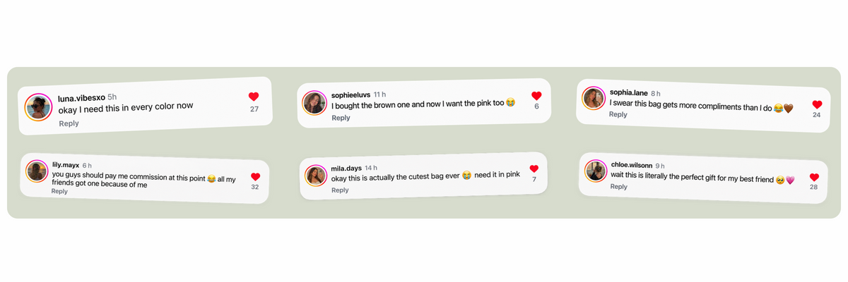 Instagram comments from customers praising the JellyFluff Bag